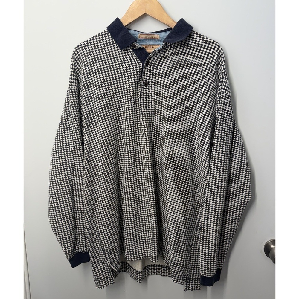 Vintage Guess Men's Polo Shirt Size XL Houndstooth Long Sleeve Sweater Navy